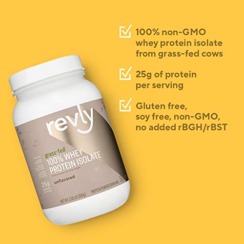 Amazon Brand - Revly 100% Grass-Fed Whey Protein Isolate Powder, Unflavored 31 Servings, Gluten Free, Non-GMO, No added rbgh/rbst‡, 2.05 Pound (Pack of 1)