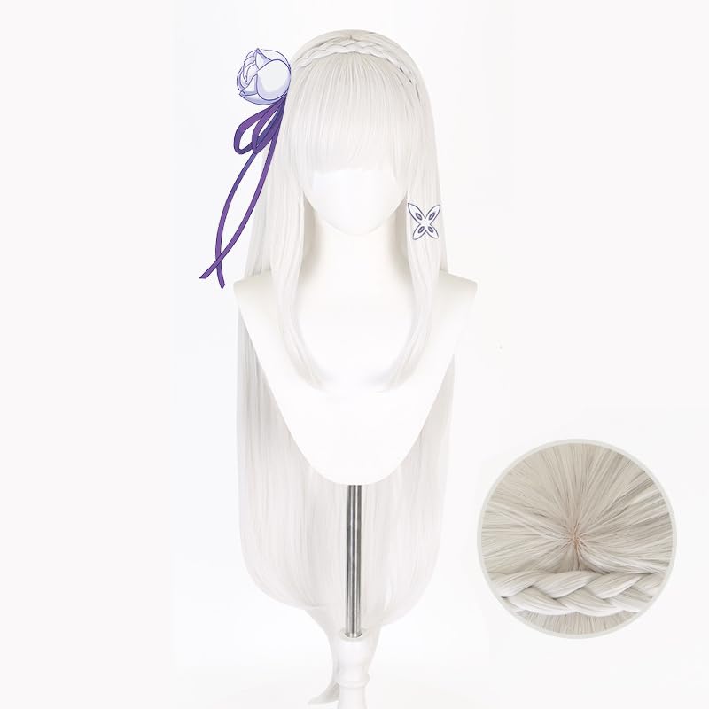 Perruque de cosplay Emilia longue blanche argentée en cheveux synthétiques avec frange pour Halloween