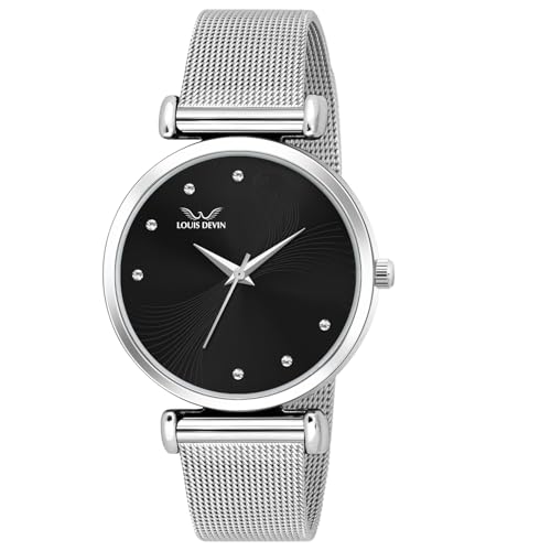 Image of LOUIS DEVIN Mesh-Type Stainless Steel Chain Analog Wrist Watch for Women (Black /Blue /Pink /Green Dial) | LD-L504-CH