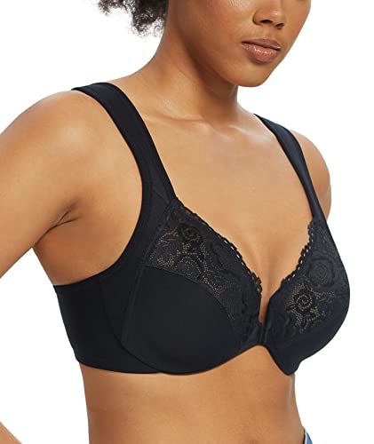 Lemorosy Wide Strap Front Closure Bra Lace Full Figure Underwire(Black Wide Strap,38DD)