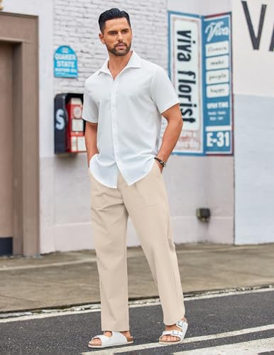 COOFANDY Men's Casual Cotton Linen Pants Lightweight Relaxed Fit Yoga Trousers Summer Vacation Beach Pants Beige4