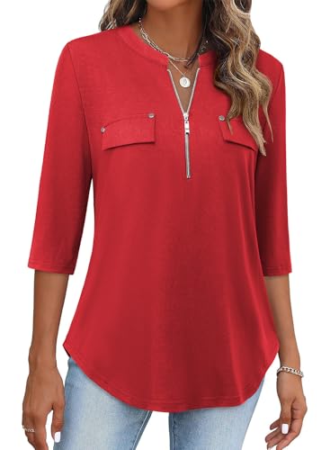 Image of Womens 3 /4 Sleeve Tops Plus Size V Neck Zipper Business Casual Blouses for Office & Going Out Soft Knit Tunics, M-3XL