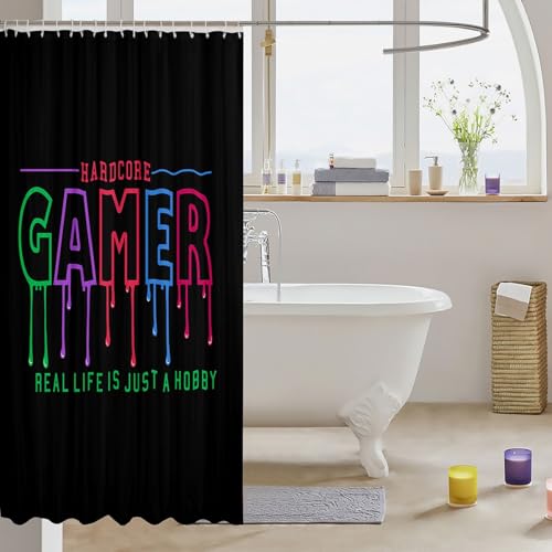 Image of Gamer Bath Curtain for Boys Teens Girls Children Kids Colorful Gaming Cloth Fabric Bathroom Decor Video Game Shower Curtain Novelty Modern Player Waterproof Shower Curtains Set with Hooks 72x78 Inch