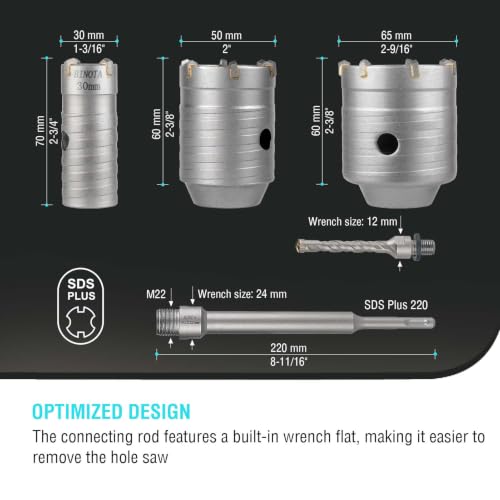 Image of BINOTA 7PCS 30-65 mm (1-3 /16 inch to 2-9 /16 inch) Concrete Hole Saw Kit | Tungsten carbide Core drill set; SDS-Plus shank; Cross-type center drill bit; Dry drilling for concrete /brick /stone