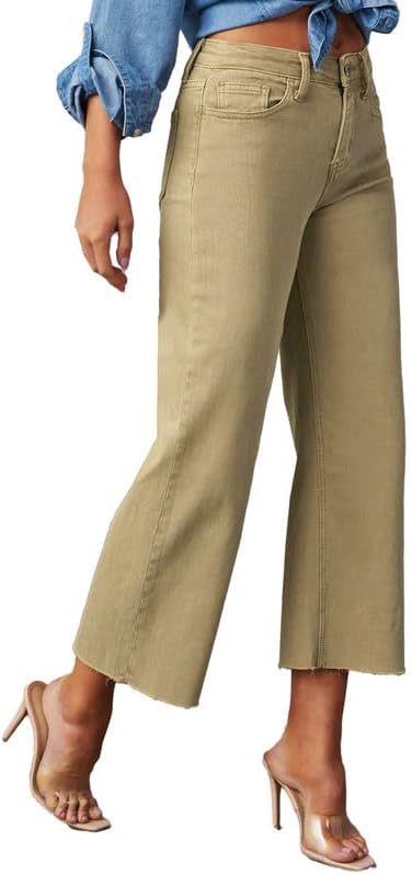 Allimy Women's High Waisted Straight Ankle Wide Leg Ripped Jeans Frayed Hem Stretchy Capri Denim Pants - Image 7