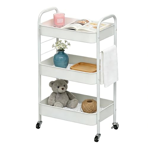 ZOESTORAGE 3 Tier Trolley Cart Metal Storage Trolley on Wheels for Kitchen Laundry Bedroom and Storage Cart for Book Veg Snack White