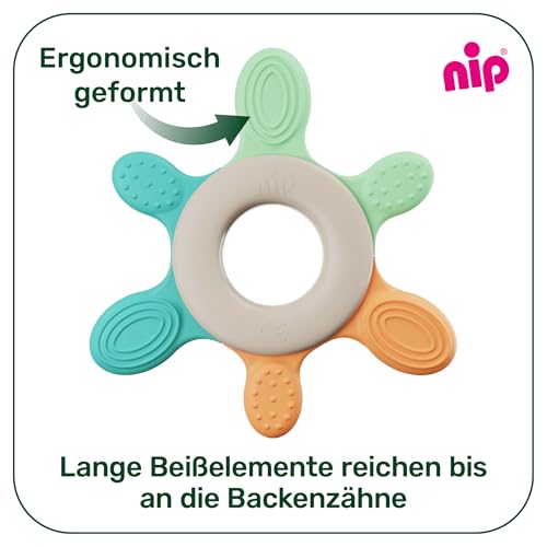 nip – Beißring | Nachhaltiger Beißring für Babys ab 3 Monaten aus über 65% natürlichen Rohstoffen. Zur sanften Massage von Zahnfleisch, Zunge und Zähnchen | Rot/Grün/Orange