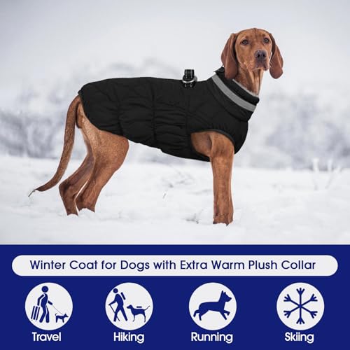 Image of Dog Winter Coat Fleece Warm Large Dog Coat with Harness Built in | Dogs Cold Weather Fleece Coats Zip up Reflective Dog Winter Vest Windproof Water Resistant Snow Coats Solid Black L