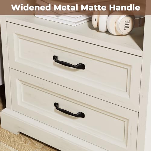 Image of HOMMPA 24'' Farmhouse Nightstand with Charging Station, Bedside Tables with AC Outlets & USB Port, 2 Drawers Side Table End Table with Open Shelf, Rustic Wood Night Stand for Bedroom, Rustic White