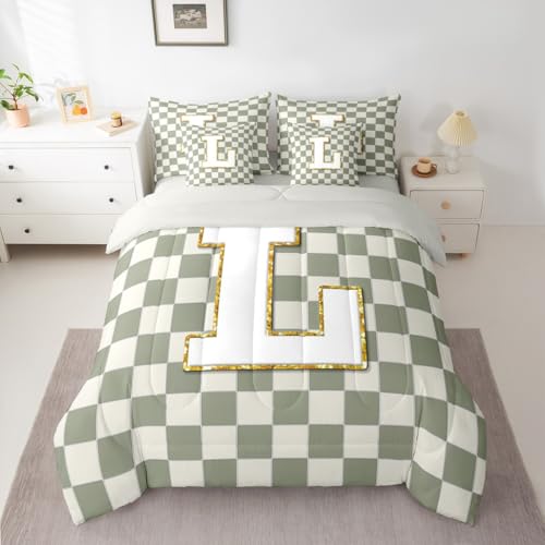 Image of Erosebridal Sage Green Checkered Twin Bed in A Bag 7 Piece Plaid Initial L Comforter Set with Sheets Personalized Monogram Bedding Sets for Kids Adults,Fashion Grids Gingham Bed Set