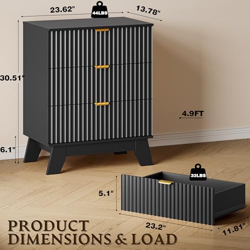 Image of BORNOON Fluted 3 Drawer Dresser, 30.3 inch Tall Compact Modern Boho Chest of Drawers, Wooden Storage Cabinet for Bedroom, Living Room, Entryway, Curved Profile Design