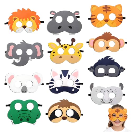 VYNZOR 12 Pièces Masques D'animaux en Feutrine,Masque Animaux Jungle pour Filles Garçons, Masque Animal pour Déguisement Cosplay, Carnaval, Fête...