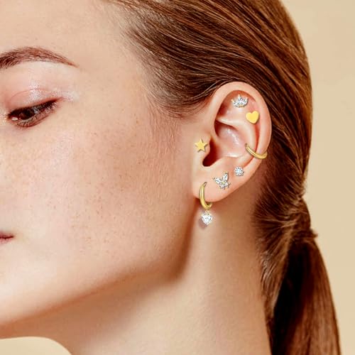 14K Gold Plated Flat Back Earrings & Hoops Set - 16 Pairs Hypoallergenic Cartilage Studs & Mini Hoops for Women | Threadless Push-in Design, Tiny Star, Moon, Heart, CZ Studs & Chunky Hoops3
