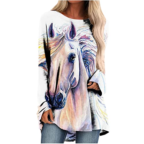 yiouyisheng Camiseta larga para mujer con estampado de caballo y canguro, camiseta de manga larga para mujer, diseño de paisaje natural, cuello redondo, blusa suelta, para primavera y otoño Cover