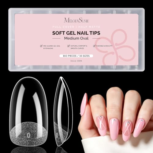 Image of MelodySusie Medium Oval Round X Nail Tips - 16 Sizes 160 Pcs | Pre-Shaped Soft Gel,Half Matte Full Cover Clear Acrylic Press on Nails for DIY Extension&Salon,Long-Lasting Manicure