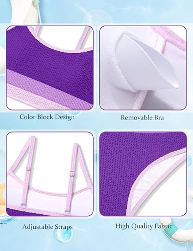 Image of Girls Bathing Suit Color-Block Adjustable Straps Bikini Sets Girls Two Piece Swimsuits with Chest Pad Swimwear 7-18T