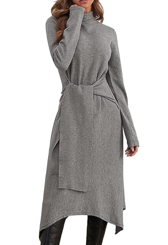 JayscreateEU Damen Strickkleid Winter Kleid Herbst Damen Winterkleider Herbstkleid Midikleid Pulloverkleid Mit Rollkragen Langarm Kleid Mit Gürtel...