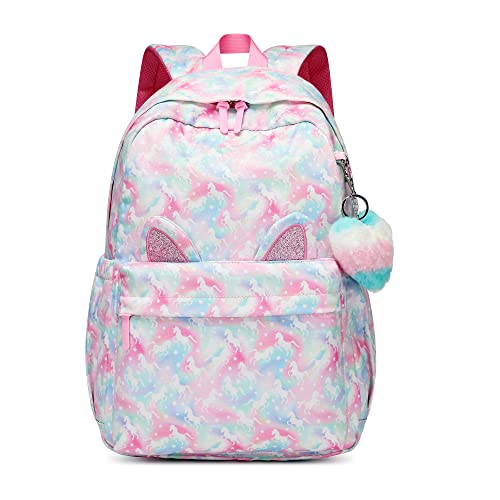 Kids Backpack Girls And Boys Light Green Pink Waterproof Large Space School Backpack Suitable For Age For Over 6 Years Old Lightweight Travel Cat Ear Heart Keychain Children Backpack（Light Green Pink） #TOP4