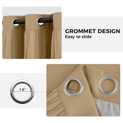 Image of 100% Blackout Curtains for Bedroom, Double Layer Khaki Curtains, Black Out Curtain 84 inch Long with Sheer Overlay for Living Room, Room Darkening Window Drapes with Grommet, 52 inch W x 84 inch L