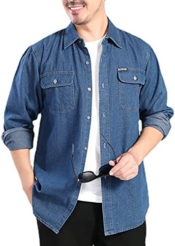 Camicia In Denim Uomo A Maniche Lunghe – Regular Fit, Colletto Risvolto, Doppie Tasche, Azzurro E Blu Scuro