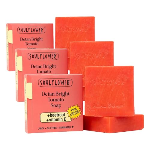 Image of Soulflower Juicy Red Tomato Soap for Tan Removal | Handmade Cold-Processed Natural Bathing Bar For Hard Water with Vitamin E & Beetroot|Skin Brightening, Anti-Acne & Pimple Care|All Skin Types|100g
