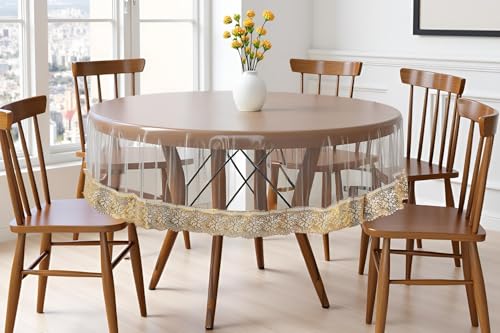 Image of The Furnishing Tree Round Shaped 4 Seater Transparent Table Cover WxL 60x60 inches 0.25 mm Thickness with Golden Lace