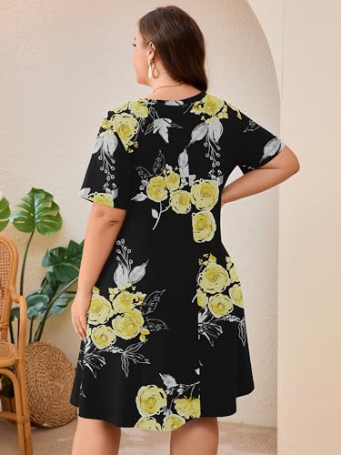 Image of AusLook Plus Size Midi Dress for Women Loose V Neck Short Sleeve Summer Casual A Line T Shirt Sundresses with Pockets 1X-5X
