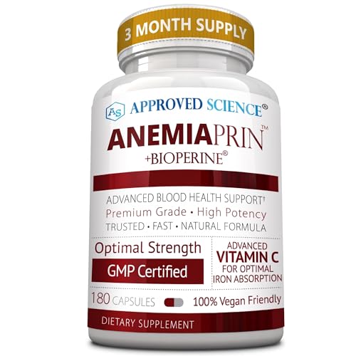 Approved Science Anemiaprin - Iron Bisglycinate with Vitamin C - Gentle On Stomach - Non Constipating Iron Supplement for Women and Men - Blood Support - with Folate and B12-3 Months - Vegan