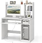 Tangkula White Desk with Hutch &Charging Station, Home Office Desk with Keyboard Tray & CPU Stand, Modern Laptop PC Desk, Space-Saving Writing Study Desk with Bookshelf, Ideal for Dorm Bedroom