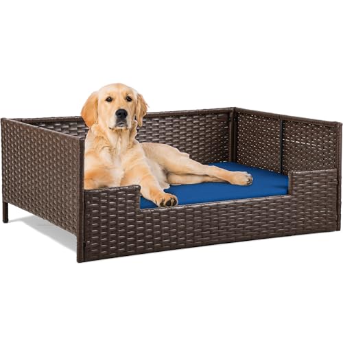 YITAHOME Rattan Dog Sofa Bed with Cushion, Wicker Pet Bed Sofa Co...