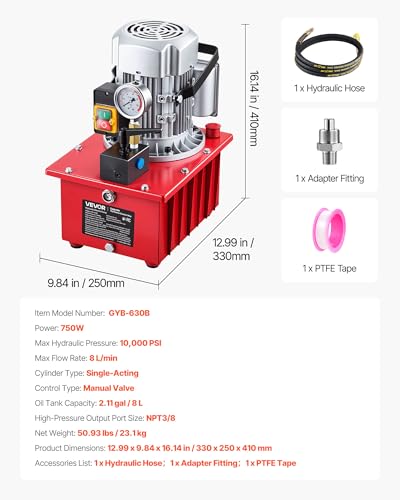 Image of VEVOR Electric Hydraulic Pump, 750W 10,000 PSI, 120V Single Acting Electric Driven Hydraulic Pump Power Pack Unit, with Manual Valve, 2.1 Gallon / 8L, for Punching, Bending, Single Acting Cylinders