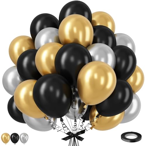 Image of Black and Gold Balloons Set, 12 Inch Black Gold Silver Balloon New Year Eve Party Decoration Black Silver Latex Balloons for New Year Party Birthday Wedding Graduation Banquet Father's Day Decoration