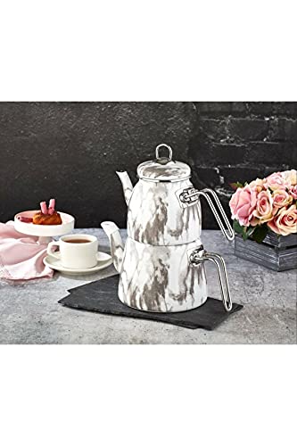 Paci Elite Class Théière Caydanlik Email Turque Blanc Marbré compatible induction