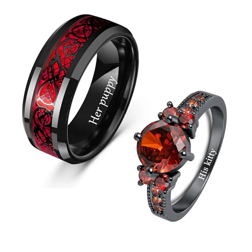 Bagues de mariage celtique en tungstène et rubis pour elle et lui