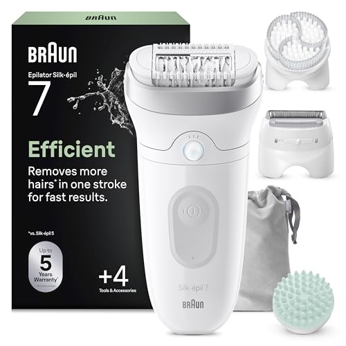 Braun Silképil 7 SkinSpa All-in-One Set Epilator with Wide Head for Easy Hair Removal Wet & Dry Lasting Smooth Skin Includes Massage Pad Shaver Head and Trimmer Comb 7-081 Silver