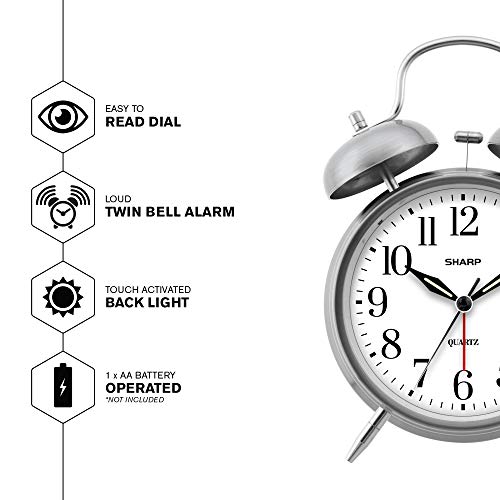 Sharp Twin Bell Alarm Clock - Loud Alarm - Great For Heavy Sleepers - Battery Operated Quartz Analog Clock (Brushed Silver) #TOP1