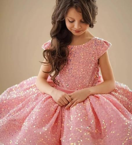 Girls Sequin Puffy Flower Dresses Short Formal Dress Sparkly A Line Princess Pageant Dress with Bow Knot TY103