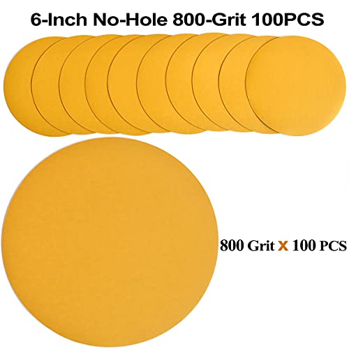 Image of 6-Inch No-Hole Hook and Loop Sanding Discs 800-Grit, Random Orbital Sandpaper for Automotive and Woodworking, 100-Pack