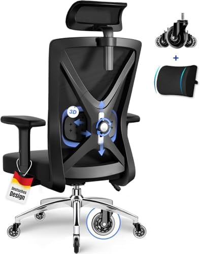 Daccormax Bürostuhl, Bürostuhl Ergonomisch Schreibtischstuhl mit Verstellbaren Armlehnen, weiche Lendenstütze aus Naturschwamm und Kopfstütze, Chefsessel Drehstuhl Wippfunktion 200