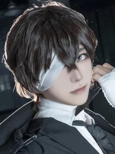 Image of Half and Half Dazai Cosplay Wig Short Dark Brown Anime Wig with Bangs Men's Brown Layered Wigs Synthetic Fiber Hair for Unisex Halloween Party