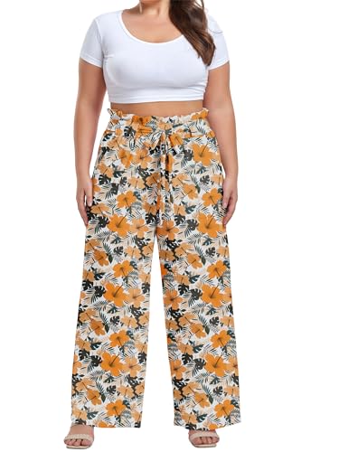Image of OLRIK Women's Plus Size Pants Adjustable High Waisted Wide Leg Palazzo Pants Casual Trousers with Pockets Spring Clothes