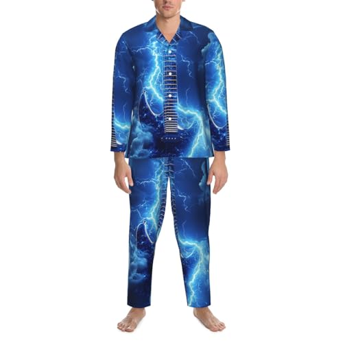 Electric Guitar With Lightning Mens Pajamas Set Button Down Sleepwear Set Long Sleeve Loungewear With Pockets