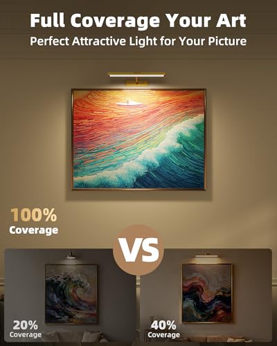 EZVALO Picture Light for Wall, 4800mAh Rechargeable Wireless Remote Lights, 16'' Dimmable Magnetic LED Art Painting Light with 3 Color Temps, Display for Gallery, Living Room, Bedroom, Hallway (Gold)