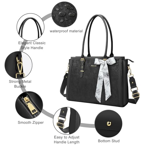 Image of MOSISO Laptop Bag for Women, PU Leather Tote Bag, Front Embossed Retro Hibiscus Computer Bags with Silk Scarf&Clutch Purse