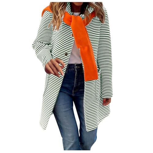 Image of Generisch Women's Cardigan with Colour Block and Stripes Hood Button Placket Long Coatigan Jackets with Pockets Women's Transition Parka, Green, M