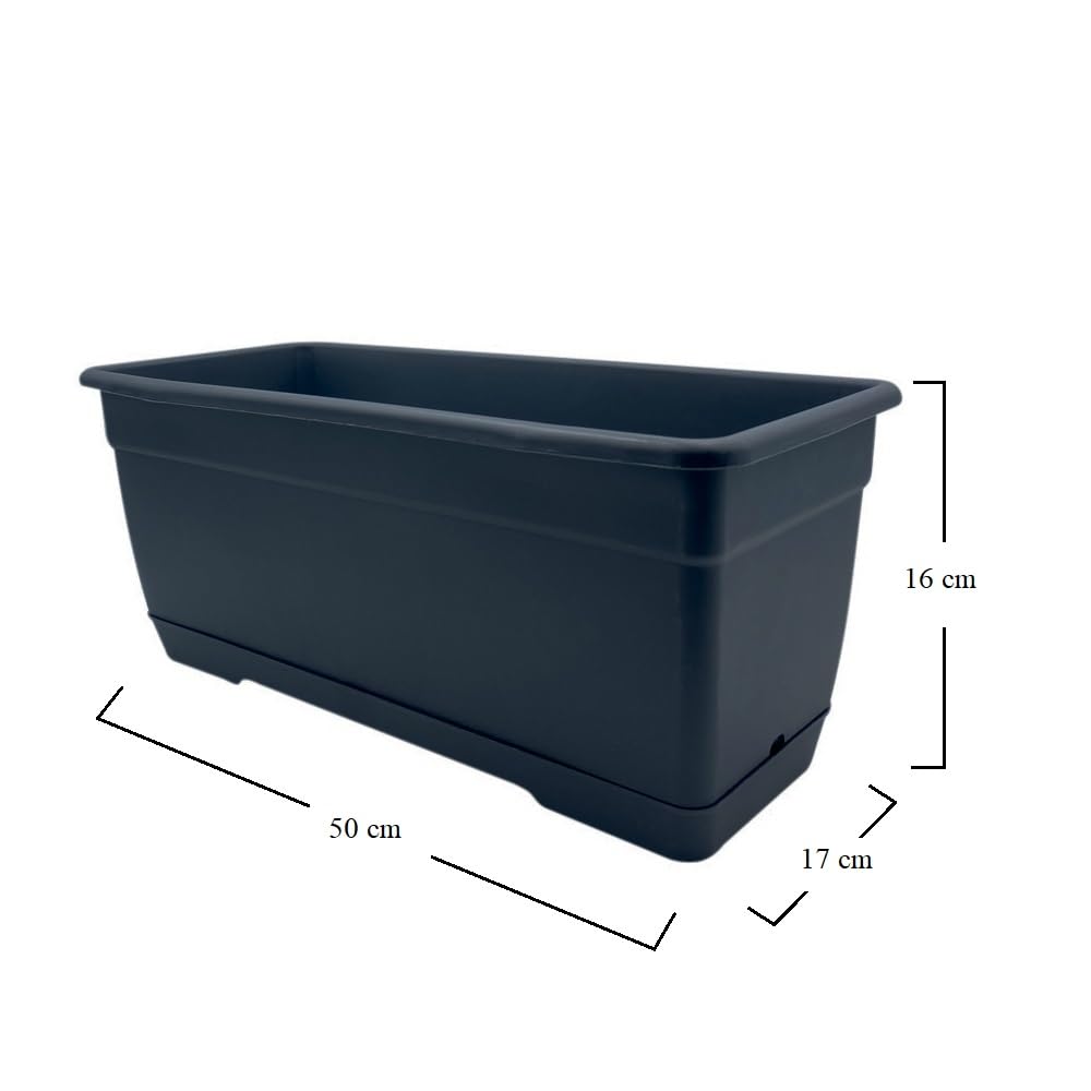 VIRSUS 2 Fioriere Rettangolari per Balcone BIRK5, Color ANTRACITE, Sottovaso integrato, Vaso in Resina con supporto in ferro da Appendere a Finestre e Balconi, Capacità 8,6 Litri (50x17x16 cm) - C