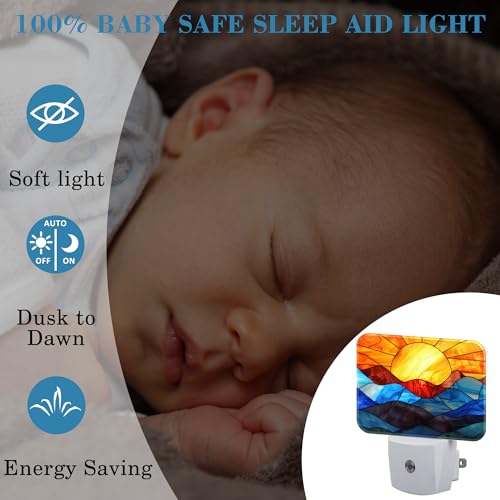 Image of Stained Glass Sunset Night Light Plug into Wall, Colorful Glass Mountains Night Light with Dusk to Dawn Sensor for Kid Girls Boys Women Men Room, Hallway, Kitchen, Bathroom, Stairs Decor