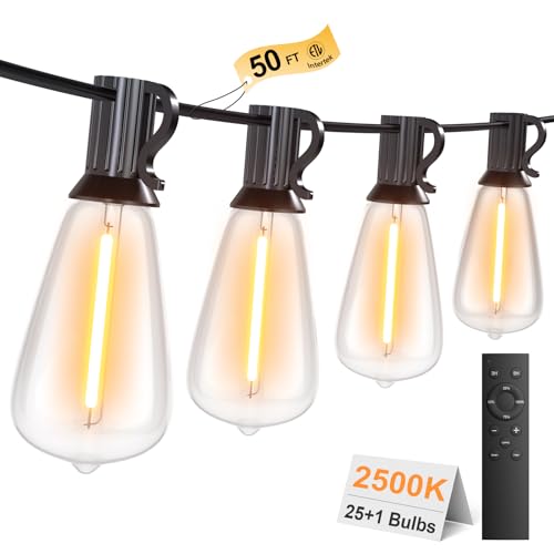 50FT Outdoor String Lights with Remote, Garden Patio Decor with 2500K Warm White, 25+1 LED Edison Bulbs, Support Timer Dimmable Waterproof Shatterproof for Yard Outside Porch Deck Indoor