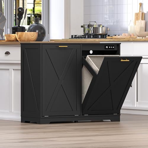 Image of BORNOON Tilt Out Trash Can Cabinet for 2 Bins, Hidden Recycle Garbage Bin Enclosure, Wooden Double Laundry Cabinet with Odor Control, Negative Ion & Ozone, for Kitchen, Bathroom, Laundry Room