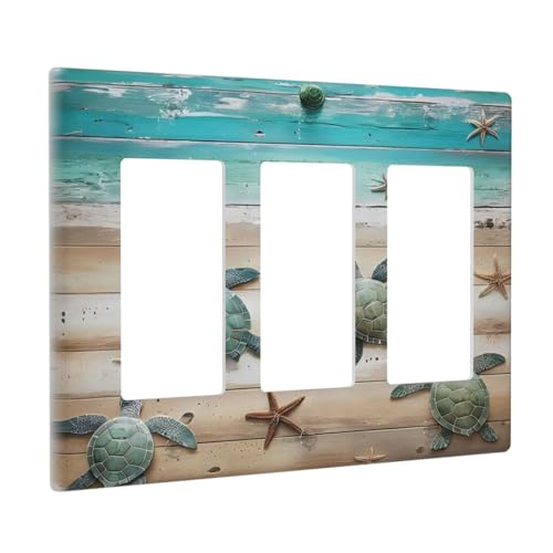 Decorative Outlet Covers Turtle Starfish Beaches Blue Wood Plank 3 Gang Wall Plate Triple Rocker Light Switch Cover Plate Jumbo Electrical Gfci Faceplate for Bathroom Decor